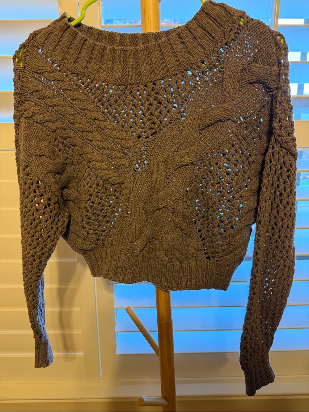 Express Grey Crochet Cable Knit Crewneck Sweater